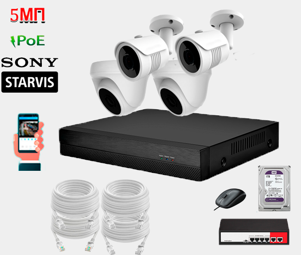 Комплект IP видеонаблюдения 2 уличные и 2 внутренние IP камеры 5 мп. SONY STARVIS, видеорегистратор, POE коммутатор, патч-корд 4 шт. по 10 метров и жесткий диск 1 тб.