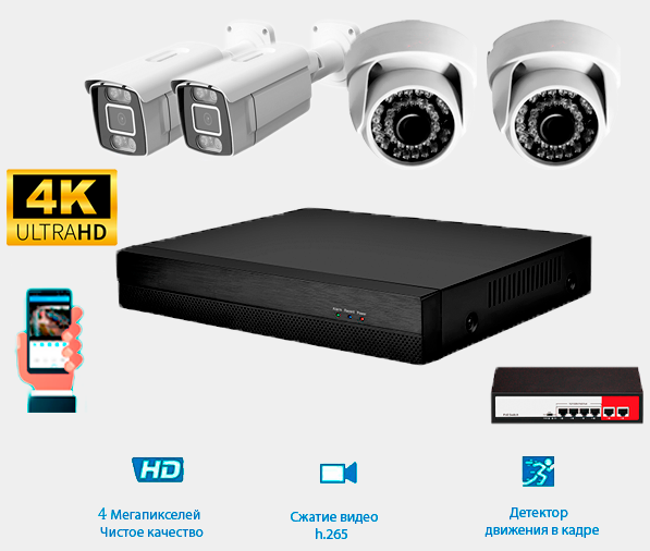 Комплект IP видеонаблюдения 2 уличные и 2 внутренние IP камеры 8 мп., видеорегистратор и POE коммутатор