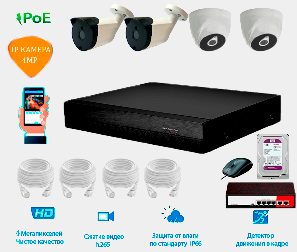 Комплект IP видеонаблюдения 2 уличные и 2 внутренние IP камеры 4 мп. POE, видеорегистратор, POE коммутатор, патч-корд 4 шт. по 10 метров и жесткий диск 1 тб.