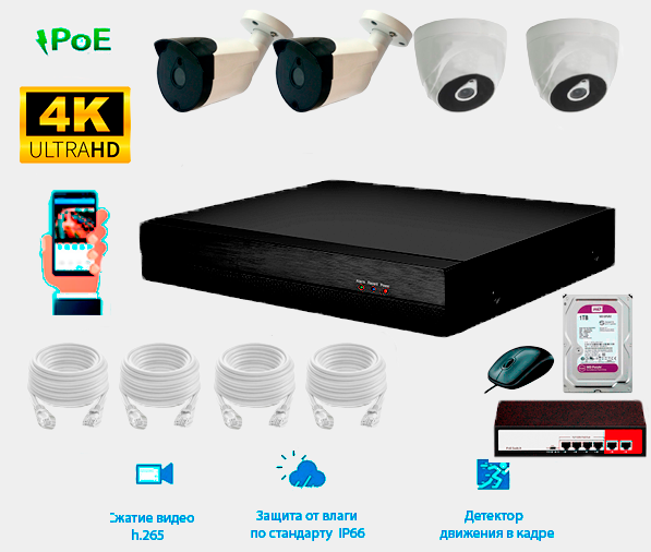 Комплект IP видеонаблюдения 2 уличные и 2 внутренние IP камеры 8 мп. POE, видеорегистратор, POE коммутатор, патч-корд 4 шт. по 10 метров и жесткий диск 1 тб.