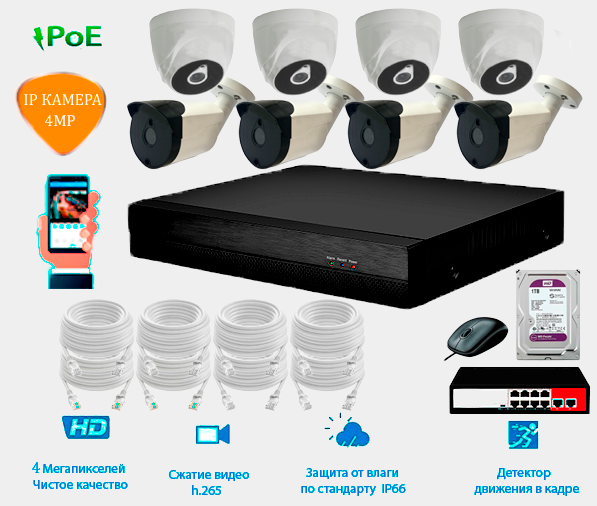 Комплект IP видеонаблюдения 4 уличные и 4 внутренние IP камеры 4 мп. POE, видеорегистратор, POE коммутатор, патч-корд 8 шт. по 10 метров и жесткий диск 1 тб.