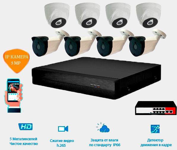 Комплект IP видеонаблюдения 4 уличные и 4 внутренние IP камеры 5 мп. POE, видеорегистратор и POE коммутатор