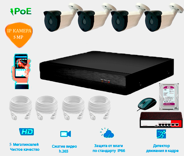 Комплект IP видеонаблюдения 4 уличные IP камеры 5 мп. POE, видеорегистратор, POE коммутатор, патч-корд 4 шт. по 10 метров и жесткий диск 1 тб.