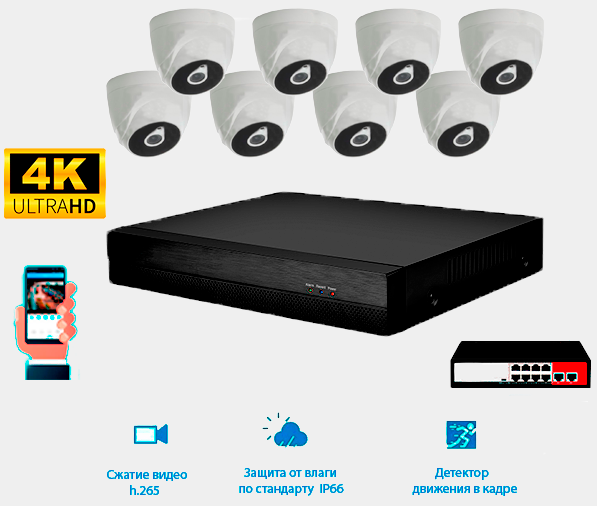 Комплект IP видеонаблюдения 8 внутренних IP камер 8 мп. POE, видеорегистратор и POE коммутатор